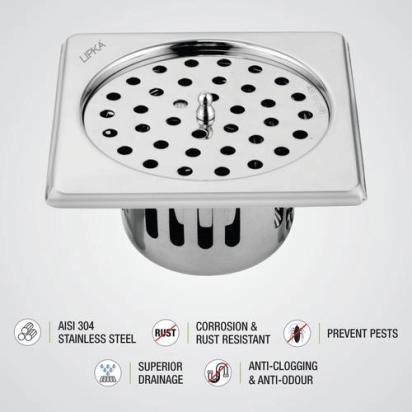 Lipka Square Floor Drain (5 x 5 Inches) with Lid and Cockroach Trap 2