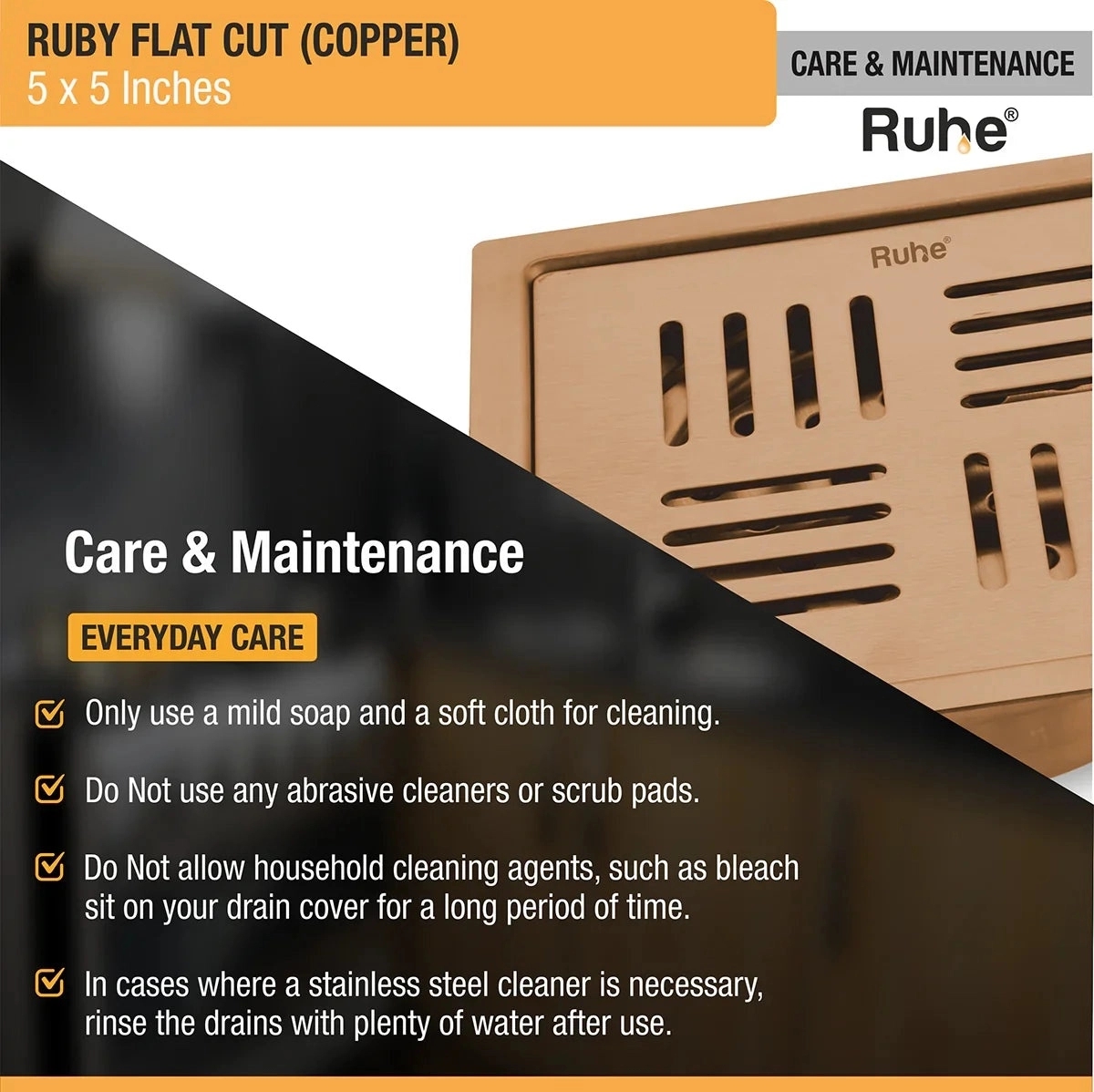Ruby Square Flat Cut Floor Drain in Antique Copper PVD Coating 5 x 5 Inches by Ruhe : Colours available: Copper 5 5