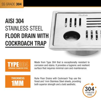 Ruhe Ruby Square 304-Grade Floor Drain with Collar Hole and Cockroach Trap - 6 x 6 Inches by Ruhe : Colours available: Silver 4 4