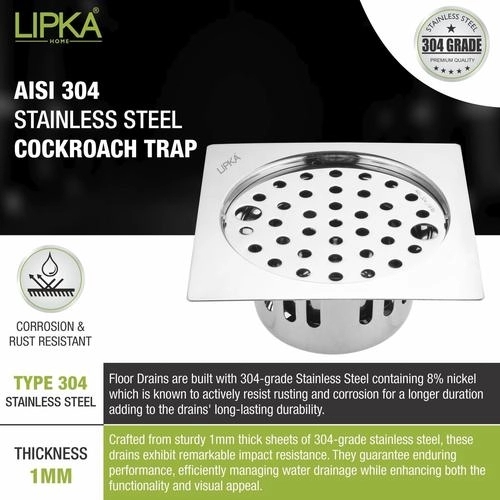 Lipka Square Flat Cut Floor Drain (5.5 x 5.5 Inches) with Lock and Cockroach Trap 3