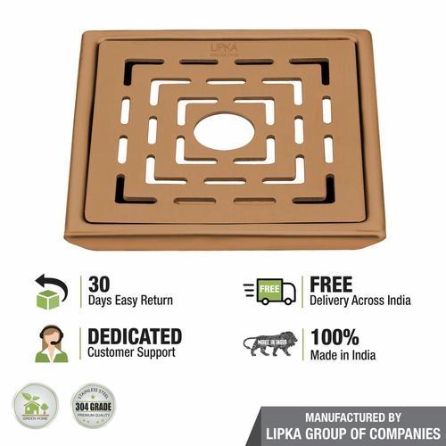 Lipka Orange Exclusive Square Floor Drain in Antique Copper PVD Coating (6 x 6 Inches) with Hole 3