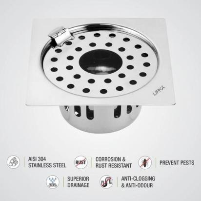 Lipka Square Flat Cut Floor Drain (6 x 6 Inches) with Hinge, Hole and Cockroach Trap 2