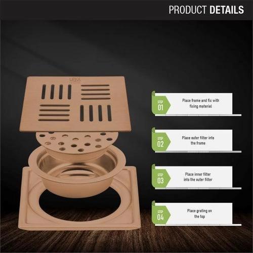 Lipka Pink Exclusive Square Floor Drain in Antique Copper PVD Coating (5 x 5 Inches) with Cockroach Trap 2