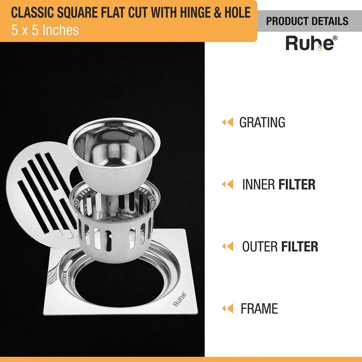Ruhe Classic Square Flat Cut 304-Grade Floor Drain with Hinge Hole and Cockroach Trap - 5 x 5 Inches 3