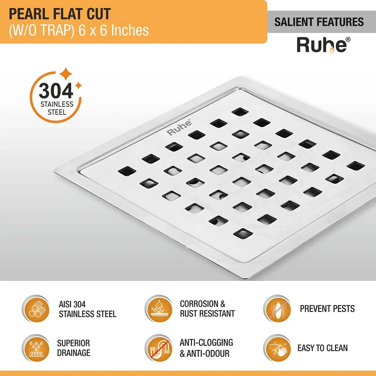 Ruhe Pearl Square Flat Cut 304 Grade Floor Drain - (6 x 6 Inches) by Ruhe : Colours available: Silver 1 2