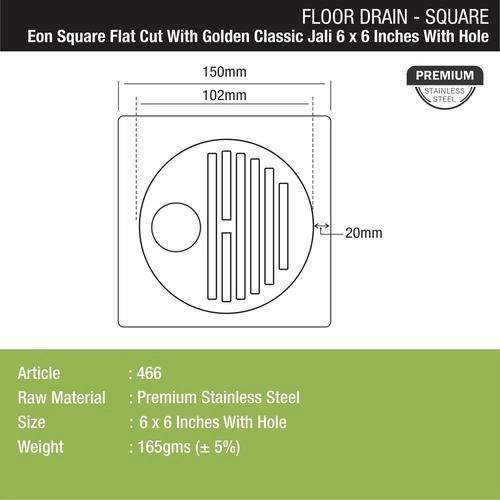 Lipka Eon Square Flat Cut Floor Drain with Golden Classic Jali and Hole (6 x 6 Inches) 1