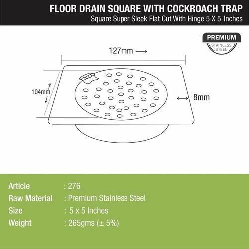 Lipka Super Sleek Square Flat Cut Floor Drain (5 x 5 Inches) with Hinge and Cockroach Trap 1