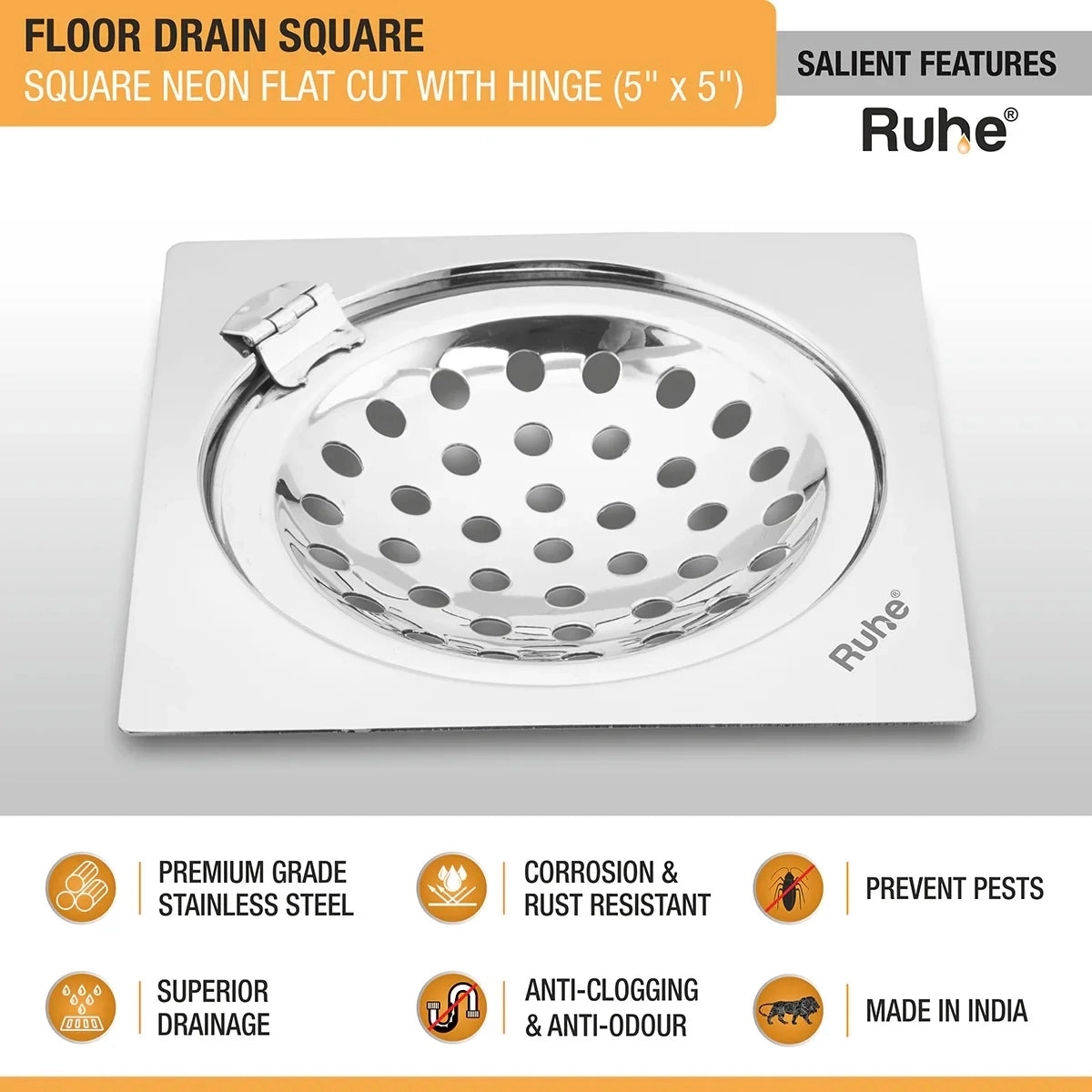 Ruhe Neon Square Flat Cut Floor Drain - 5 x 5 Inches With Hinged Grating Top by Ruhe : Colours available: Silver 2 2