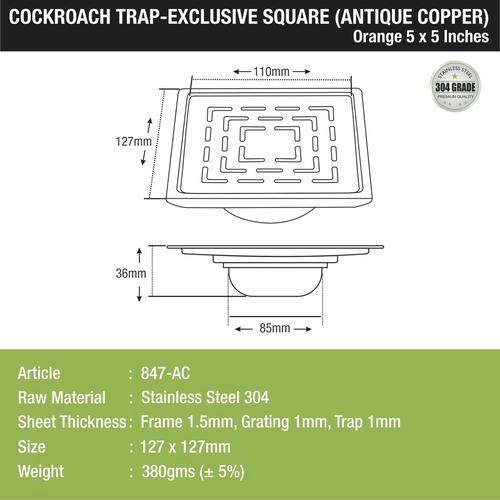 Lipka Orange Exclusive Square Floor Drain in Antique Copper PVD Coating (5 x 5 Inches) with Cockroach Trap 1