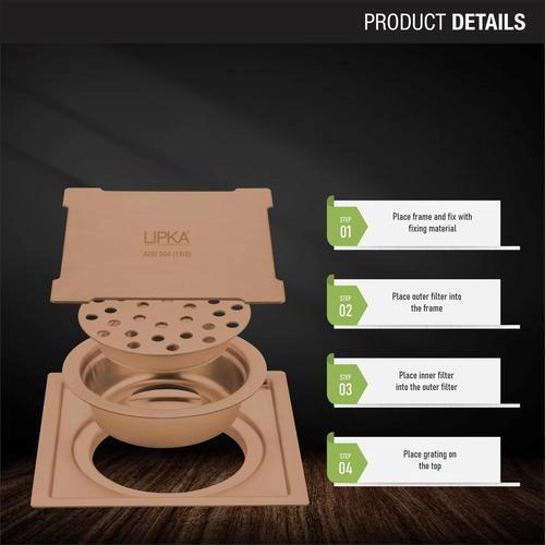 Lipka Yellow Exclusive Square Flat Cut Floor Drain in Antique Copper PVD Coating (6 x 6 Inches) with Cockroach Trap 2