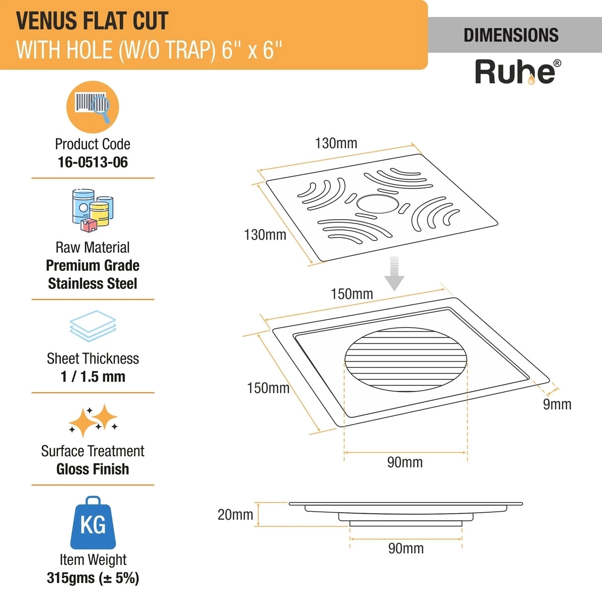 Ruhe Venus Square Premium Flat Cut Floor Drain 6 x 6 Inches With Hole by Ruhe : Colours available: Silver 1 1