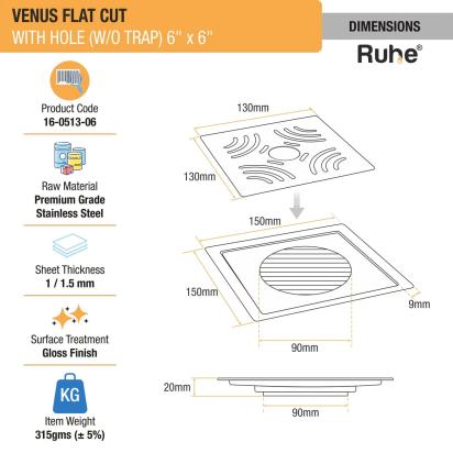 Ruhe Venus Square Premium Flat Cut Floor Drain 6 x 6 Inches With Hole by Ruhe : Colours available: Silver 1 1