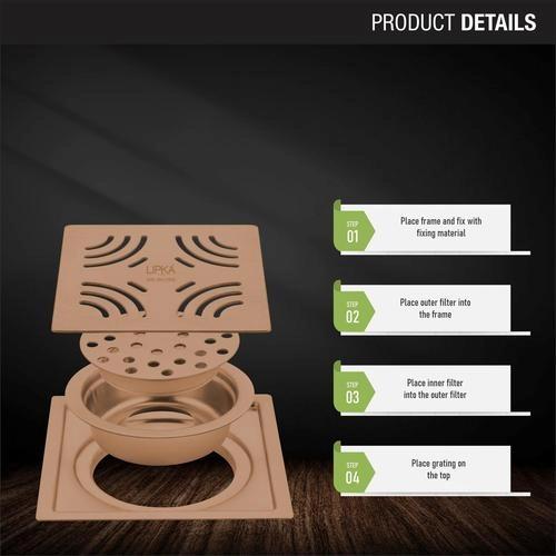 Lipka Purple Exclusive Square Flat Cut Floor Drain in Antique Copper PVD Coating (5 x 5 Inches) with Cockroach Trap 2