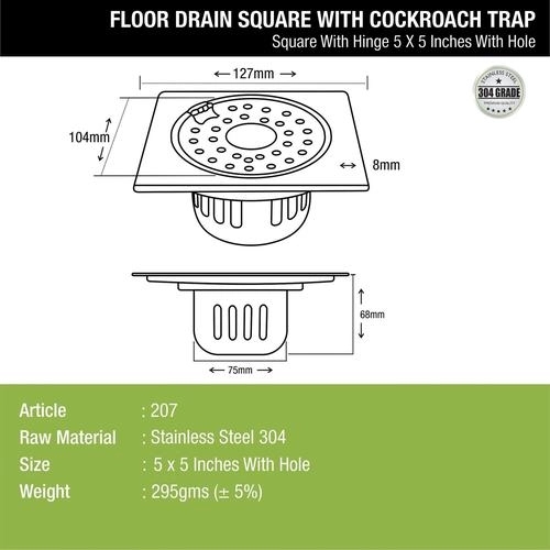 Lipka Square Floor Drain (5 x 5 Inches) with Hinge, Hole and Cockroach Trap 1