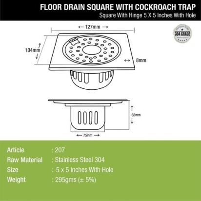 Lipka Square Floor Drain (5 x 5 Inches) with Hinge, Hole and Cockroach Trap 1
