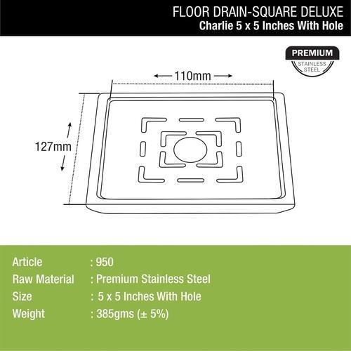 Lipka Charlie Deluxe Square Floor Drain (5 x 5) with Hole 1