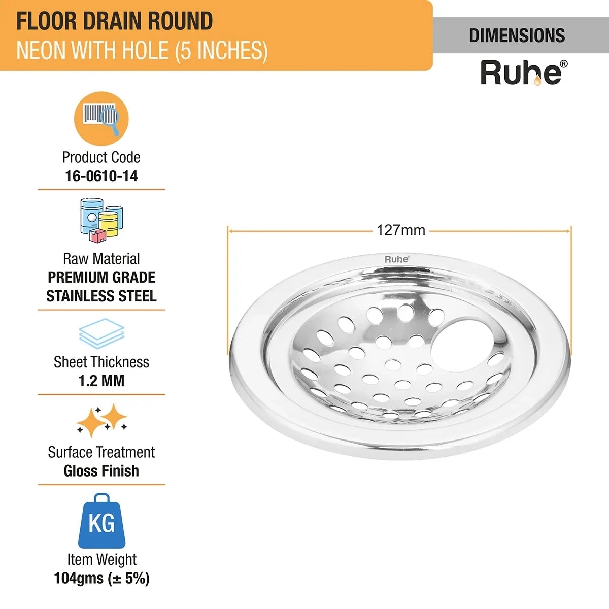 Ruhe Neon Round with Collar Floor Drain 5 Inches with Hole - Pack of 2 by Ruhe : Colours available: Silver 1 1