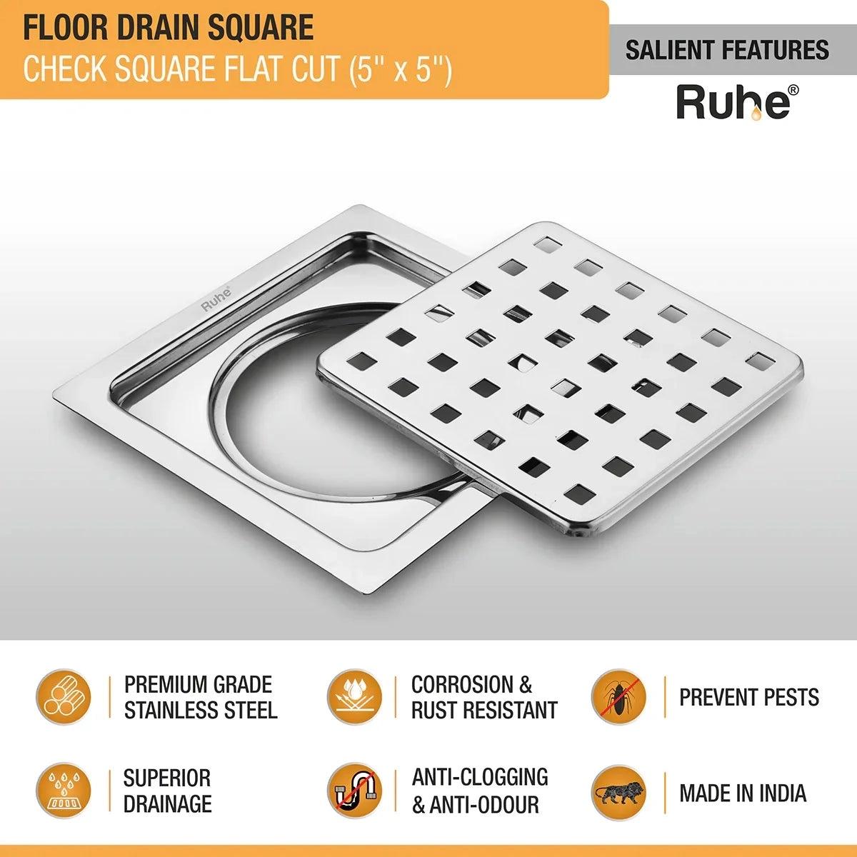 Ruhe Check Square Flat Cut Floor Drain 5 x 5 Inches 2