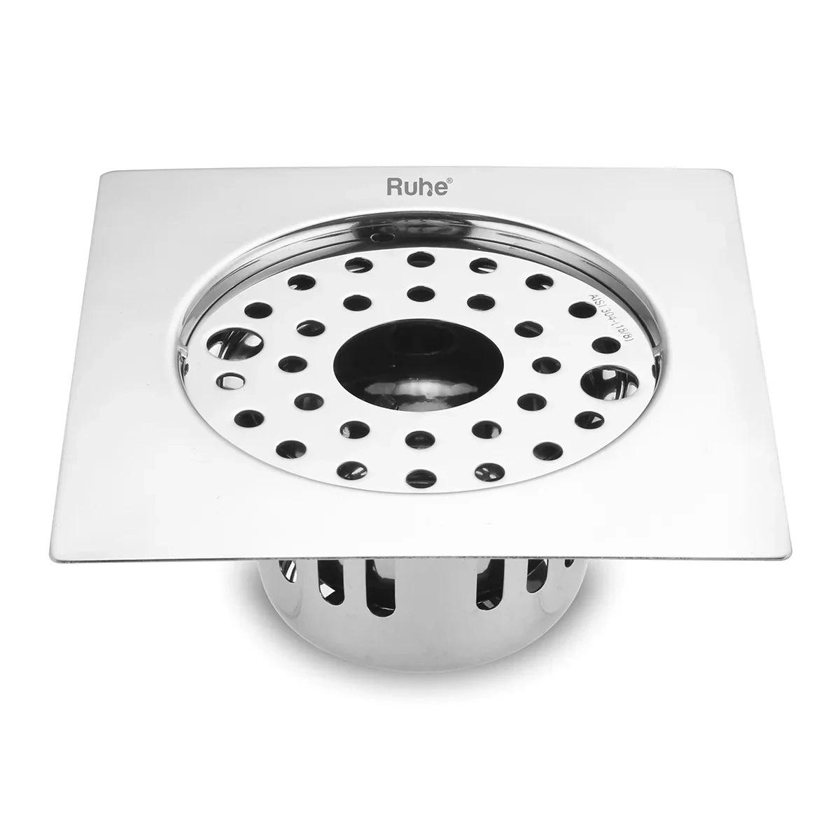Ruhe Air Square Flat Cut 304-Grade Floor Drain with Lock Hole and Cockroach Trap 6 x 6 Inches