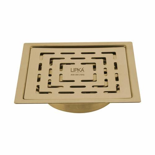 Lipka Orange Exclusive Square Flat Cut Floor Drain in Yellow Gold PVD Coating (6 x 6 Inches) with Cockroach Trap