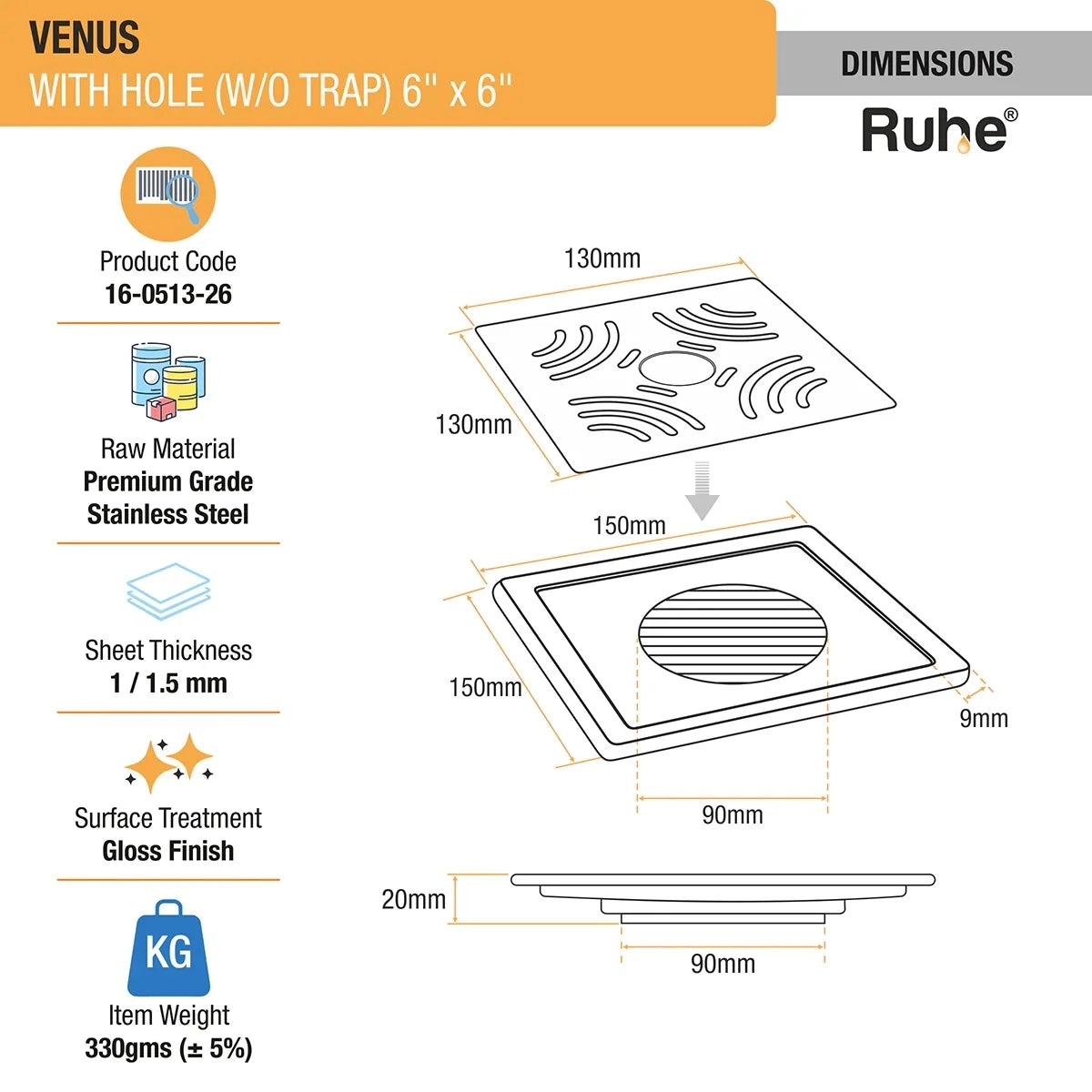 Ruhe Venus Square Premium Floor Drain with Hole - (6 x 6 Inches) by Ruhe : Colours available: Silver 3 1