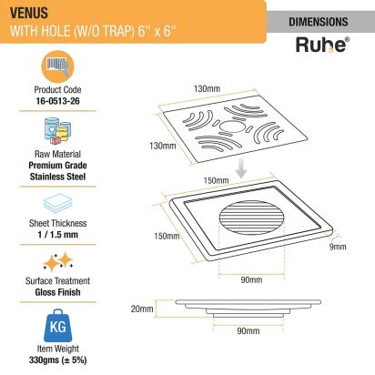 Ruhe Venus Square Premium Floor Drain with Hole - (6 x 6 Inches) by Ruhe : Colours available: Silver 3 1