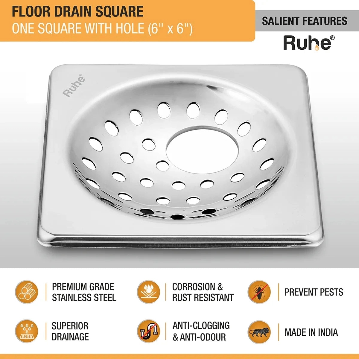 Ruhe One Square with Collar Floor Drain with Hole - (6 x 6 inches) (Pack of 2) by Ruhe : Colours available: Silver 2 2