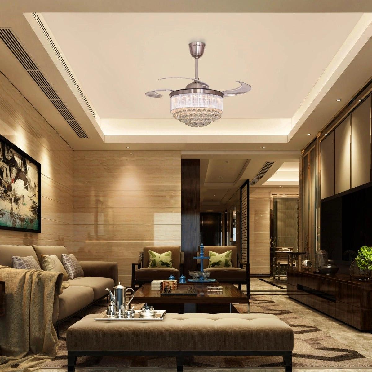 TheWhiteTeak Drop Dead Gorgeous (112 cm Span, Chrome Finish Metal Body With Silver Shade, Transparent ABS) Dimmable LED with Remote Control Crystal Chandelier Ceiling Fan 1