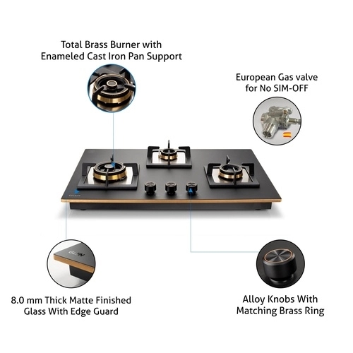Glen 3 Burner Glass Hob Top Triple Ring Burner Total Brass Burners Auto Ignition (1073XLCIHTTTRMG) 2