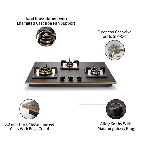 Glen 3 Burner Glass Hob Top Triple Ring Burner Total Brass Burners Auto Ignition (1073XLCIHTTTRMG) 2