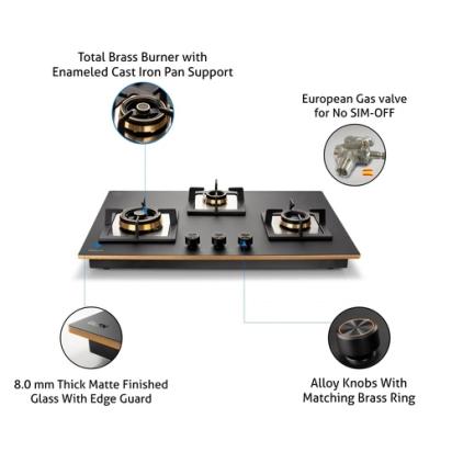 Glen 3 Burner Glass Hob Top Triple Ring Burner Total Brass Burners Auto Ignition (1073XLCIHTTTRMG) 2