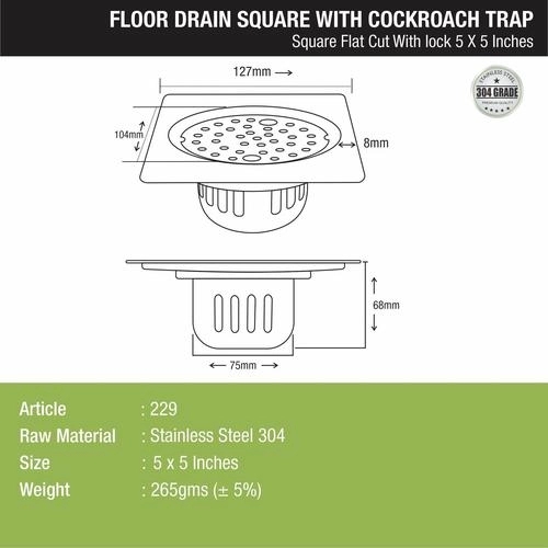 Lipka Square Flat Cut Floor Drain (5 x 5 Inches) with Lock and Cockroach Trap 1
