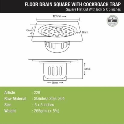 Lipka Square Flat Cut Floor Drain (5 x 5 Inches) with Lock and Cockroach Trap 1