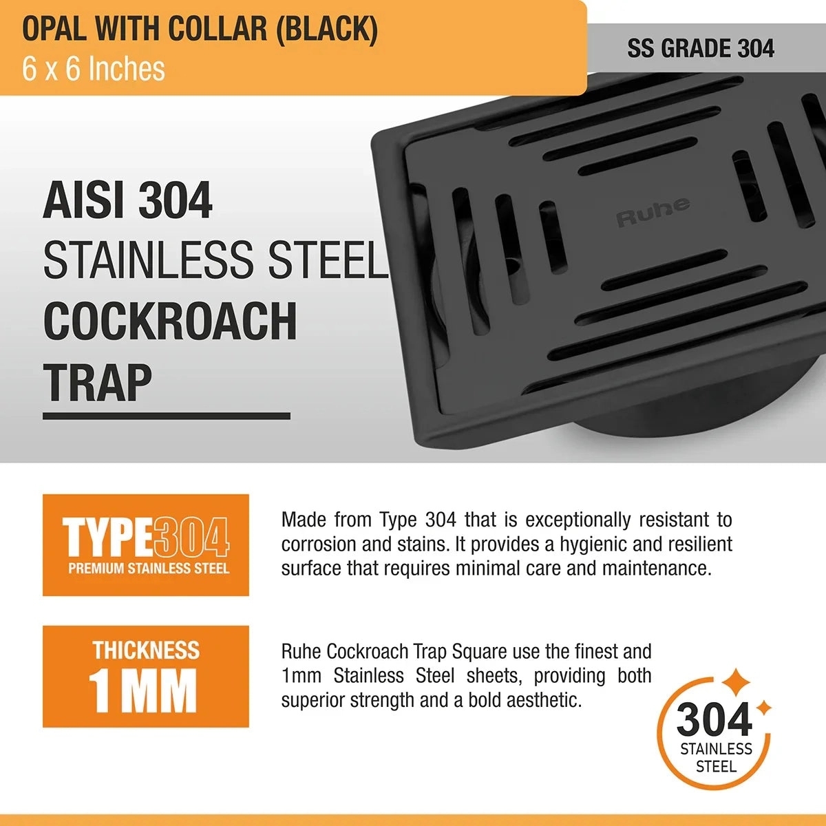 Ruhe Opal Square 304-Grade Floor Drain in Black PVD Coating 6 x 6 Inches by Ruhe : Colours available: Black 5 4