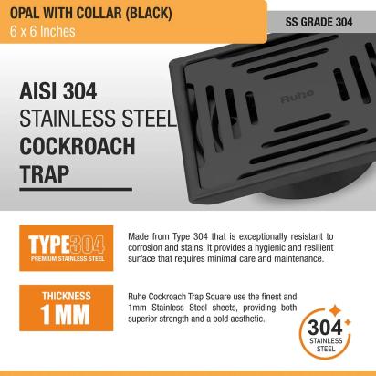 Ruhe Opal Square 304-Grade Floor Drain in Black PVD Coating 6 x 6 Inches by Ruhe : Colours available: Black 5 4