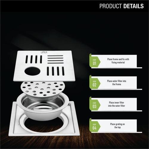 Lipka Pink Exclusive Square Flat Cut Floor Drain (6 x 6 Inches) with Hole and Cockroach Trap 2