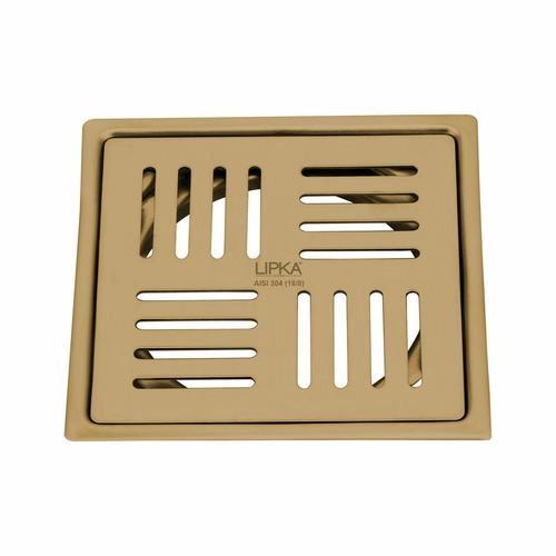 Lipka Pink Exclusive Square Flat Cut Floor Drain in Yellow Gold PVD Coating (5 x 5 Inches)