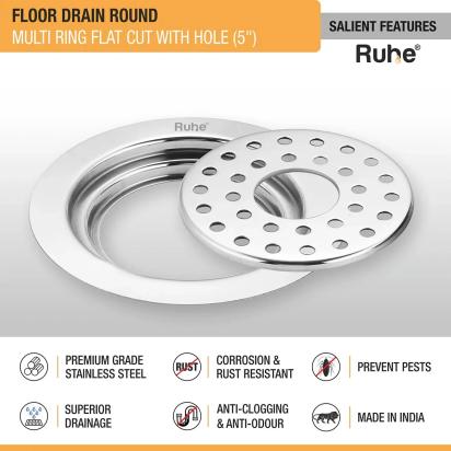 Ruhe Multi Ring Flat Cut Floor Drain 5 inches with Hole Pack of 2 by Ruhe : Colours available: Silver 1 2
