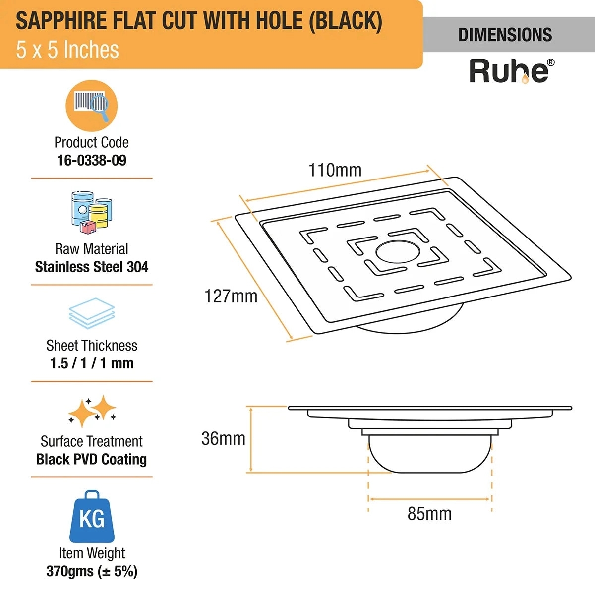 Ruhe Sapphire Square Flat Cut Floor Drain in Black PVD Coating 5 x 5 Inches with Hole by Ruhe : Colours available: Black 1 1