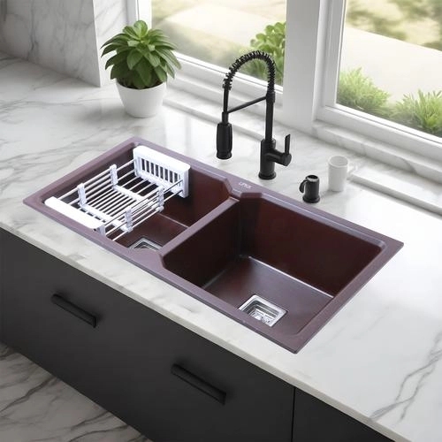 Lipka Choco Brown Quartz Double Bowl Kitchen Sink (45 x 20 x 9 Inches)