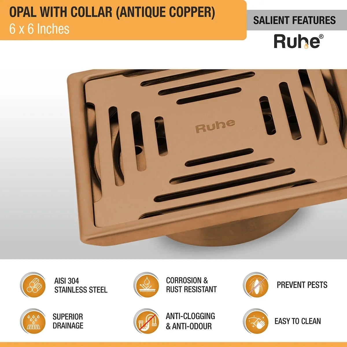 Ruhe Opal Square Flat Cut Floor Drain in Antique Copper PVD Coating 6 x 6 Inches by Ruhe : Colours available: Copper 3 5