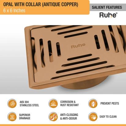 Ruhe Opal Square Flat Cut Floor Drain in Antique Copper PVD Coating 6 x 6 Inches by Ruhe : Colours available: Copper 3 5