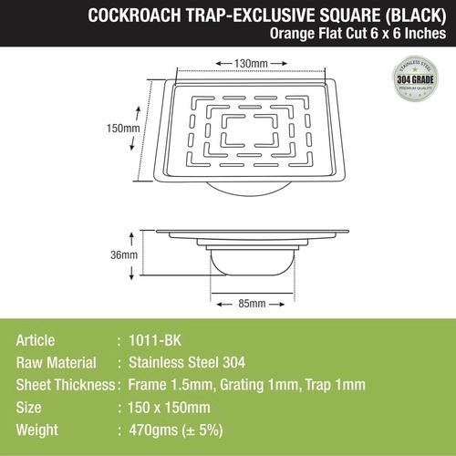 Lipka Orange Exclusive Square Flat Cut Floor Drain in Black PVD Coating (6 x 6 Inches) with Cockroach Trap 2