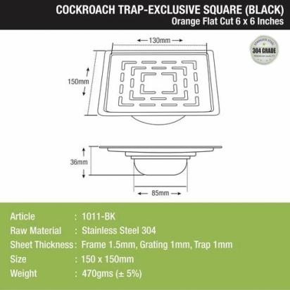 Lipka Orange Exclusive Square Flat Cut Floor Drain in Black PVD Coating (6 x 6 Inches) with Cockroach Trap 2