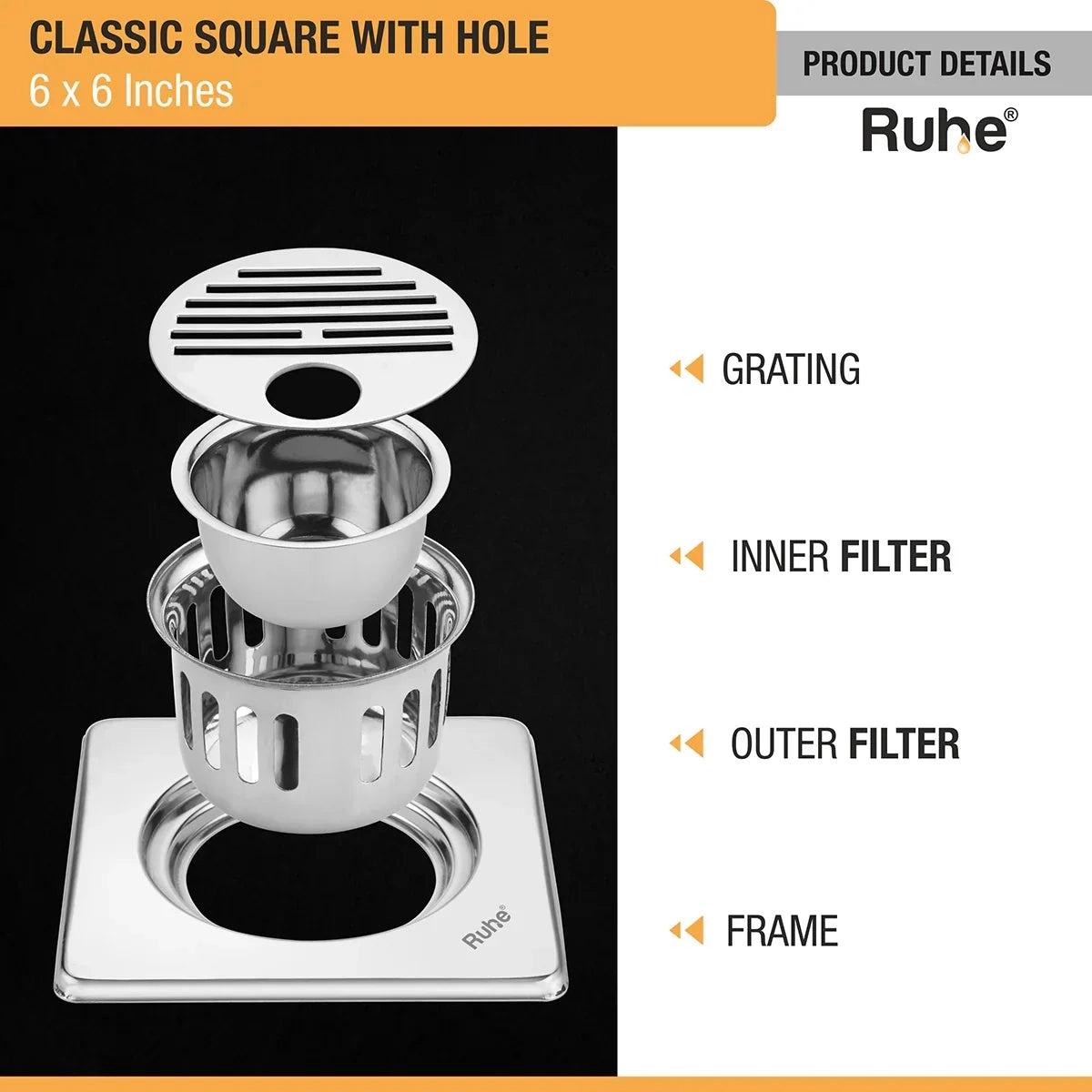 Ruhe Classic Square 304-Grade Floor Drain with Collar Hole and Cockroach Trap - 6 x 6 Inches 3