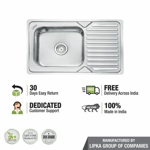Lipka Square Single Bowl 304-Grade Kitchen Sink with Drainboard (32 x 20 x 8 Inches) 5