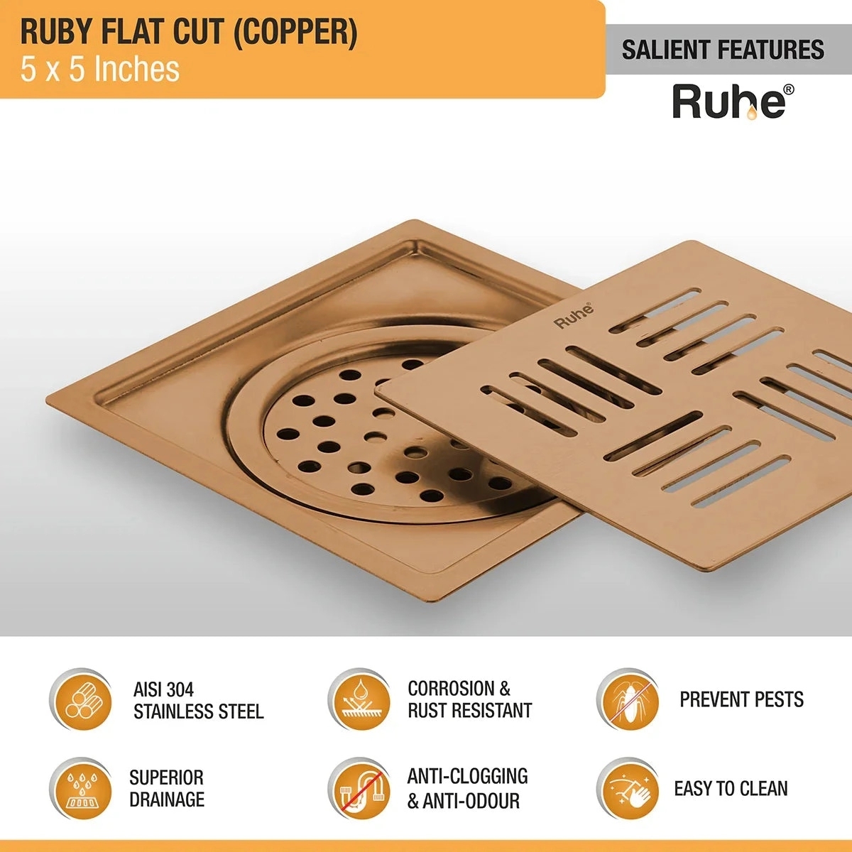 Ruby Square Flat Cut Floor Drain in Antique Copper PVD Coating 5 x 5 Inches by Ruhe : Colours available: Copper 3 3