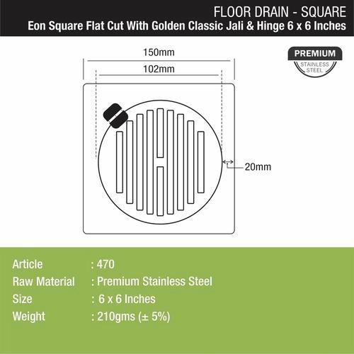 Lipka Eon Square Flat Cut Floor Drain with Golden Classic Jali and Hinge (6 x 6 Inches) 1