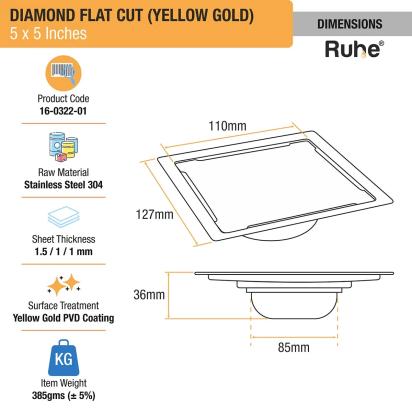 Ruhe Diamond Square Flat Cut Floor Drain in Yellow Gold PVD Coating 5 x 5 Inches by Ruhe : Colours available: Gold 1 1