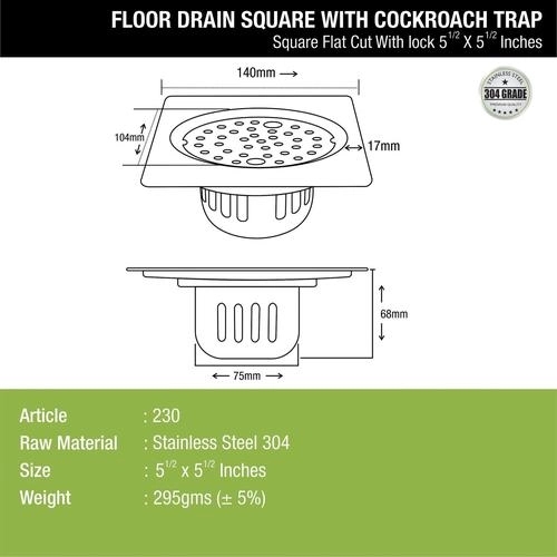 Lipka Square Flat Cut Floor Drain (5.5 x 5.5 Inches) with Lock and Cockroach Trap 1